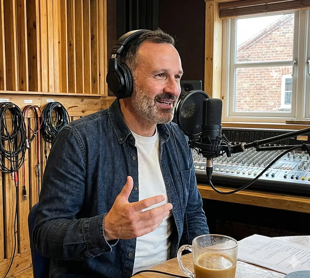 An AI-generated photograph of a business owner recording a podcast