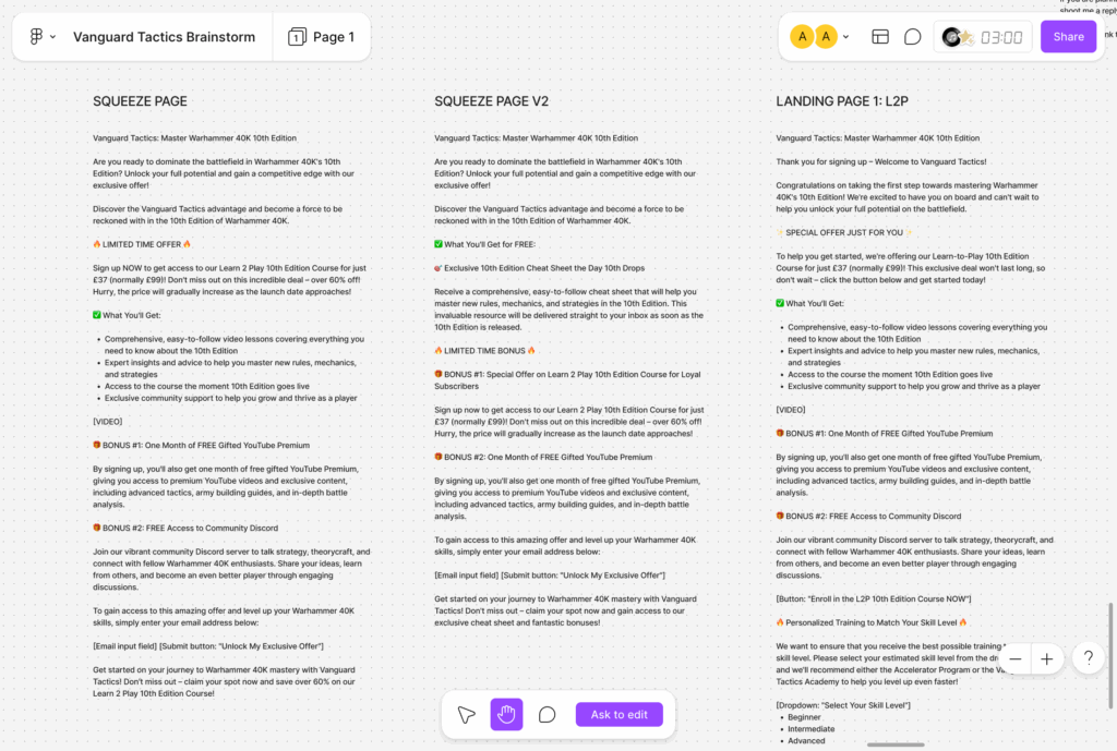 First draft structure for squeeze pages using AI